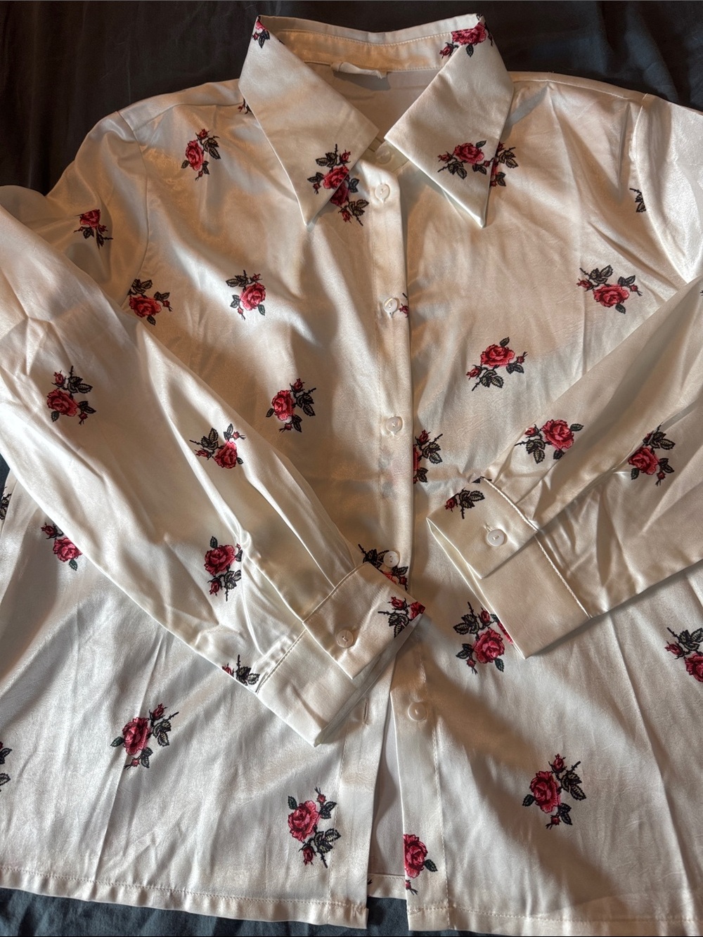 Women's Cream Satin Button-Down Shirt with Western Rose Print